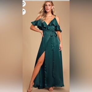 Lulus emerald green satin wrap maxi dress